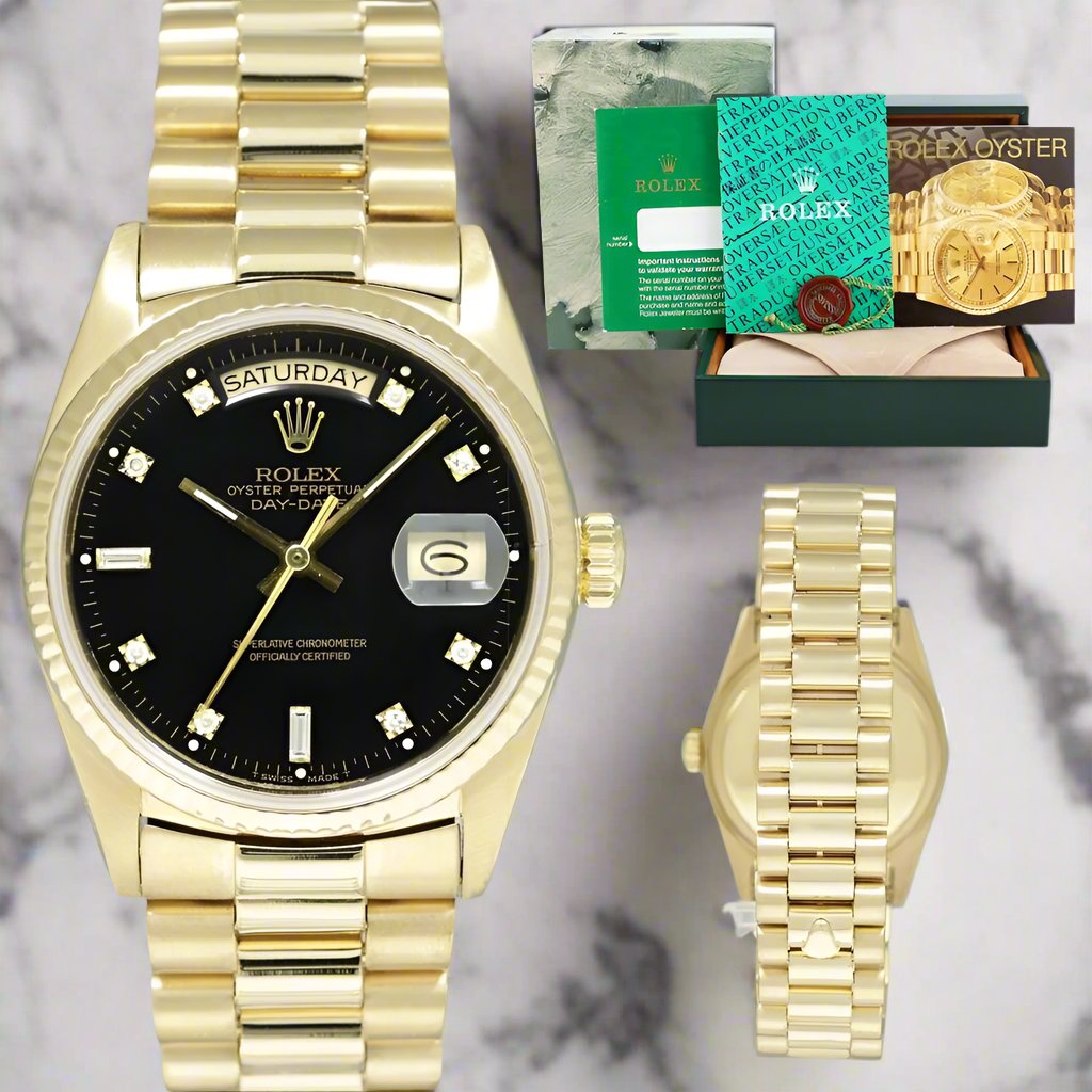 "President" Day-Date 18238 Gold 36mm Black Face Diamond Dial-Fluted Bezel (VSF) replica