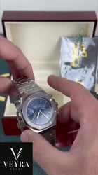 Chronograph Royal Oak Blue/Silver Watch (ZF) 1:1 product demonstration still. Box shown for presentation. Included packaging depends on your selected option.